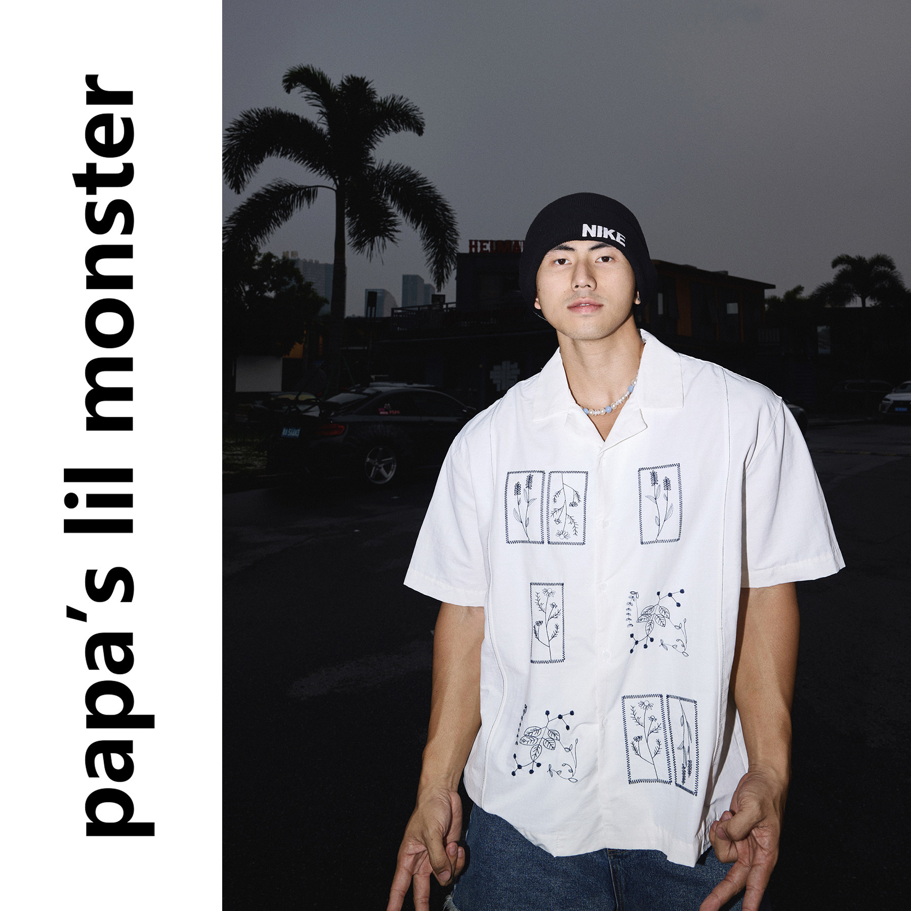 PAPASLILMONSTER 【蓝线白调】美式休闲风植物刺绣挺阔亲肤衬衫男