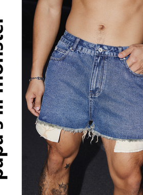 PAPASLILMONSTER【原创】26SS美式复古牛仔短裤毛边破坏设计裤子