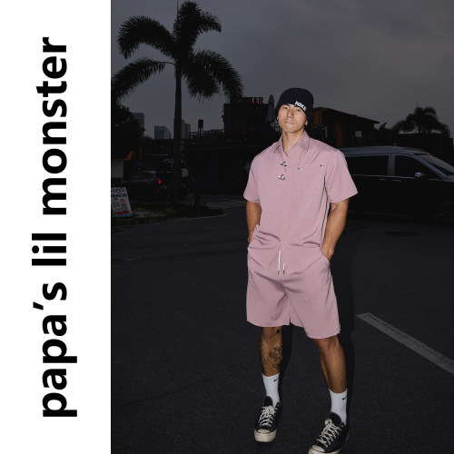 PAPASLILMONSTER 美式复古粉色沙滩树纹感金属装饰衬衫短裤套装男