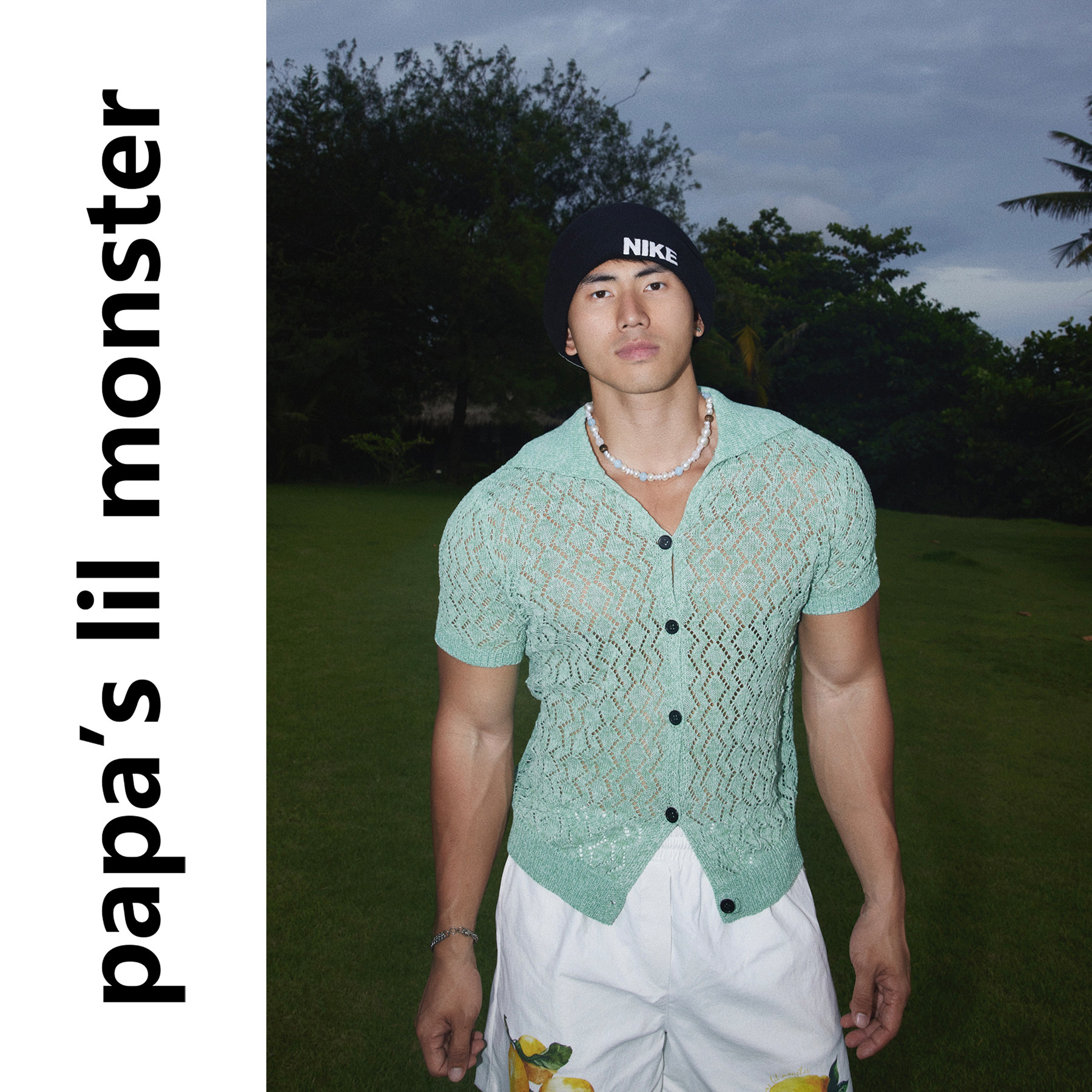 PAPASLILMONSTER【原创】美式复古菱形格子镂空设计翻领针织衫男