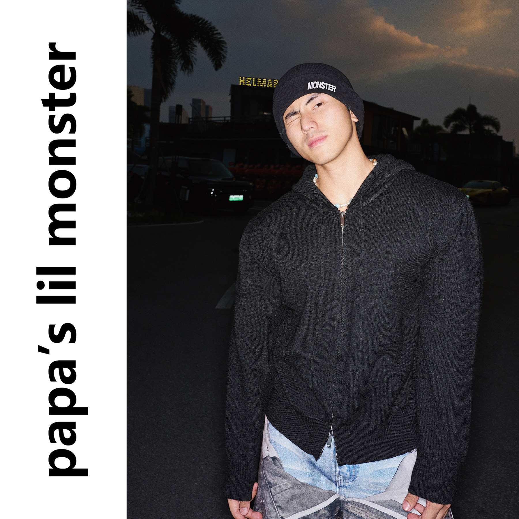 PAPASLILMONSTER 美式休闲抽绳连帽毛衣男宽松落肩针织双拉链外套