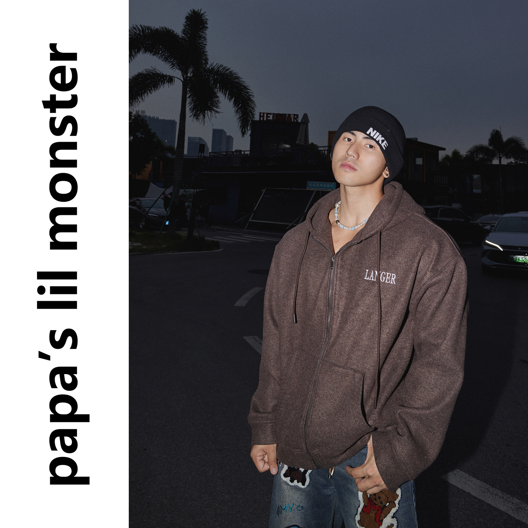 PAPASLILMONSTER【字母刺绣】美式复古连帽卫衣街头休闲拉链外套