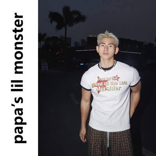 PAPASLILMONSTER美式复古街头风撞色圆领T恤男夏季修身百搭上衣潮