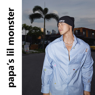 Papaslilmonster【蓝白条纹通勤】美式基础卡通印花长袖衬衫男