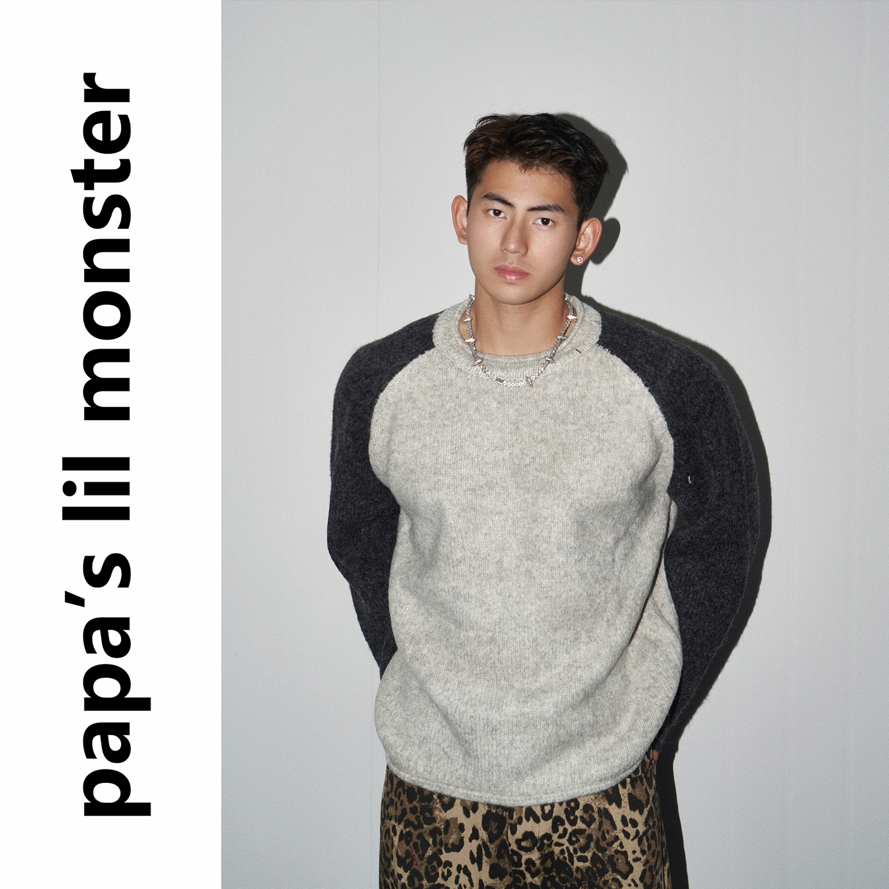 PAPASLILMONSTER拼接插肩圆领毛衣男秋冬oversize复合宽松上衣女