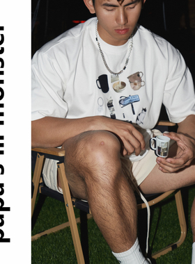 lil monster新款纯棉短袖T恤男夏季潮牌印花魔术贴宽松圆领上衣