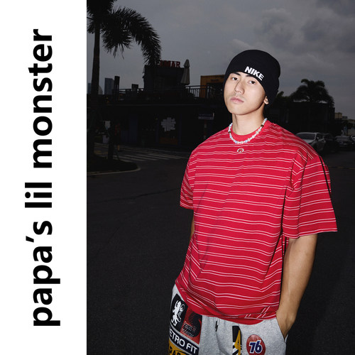 PAPASLILMONSTER  美式复古细条纹红色基础款宽松短袖T恤上衣男