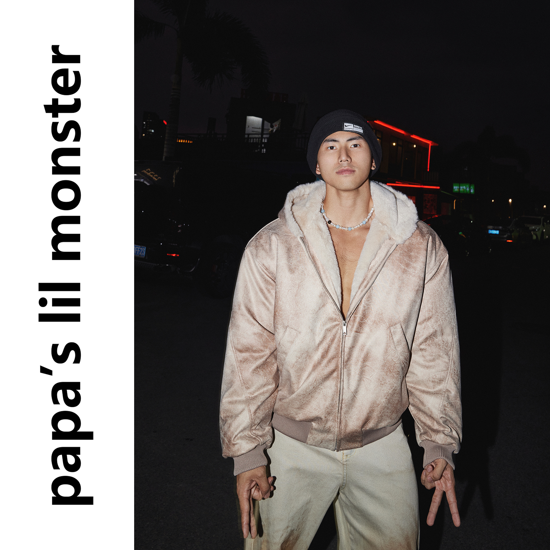 PAPASLILMONSTER 美式复古裂纹皮设计感座山雕棉服夹克外套男女