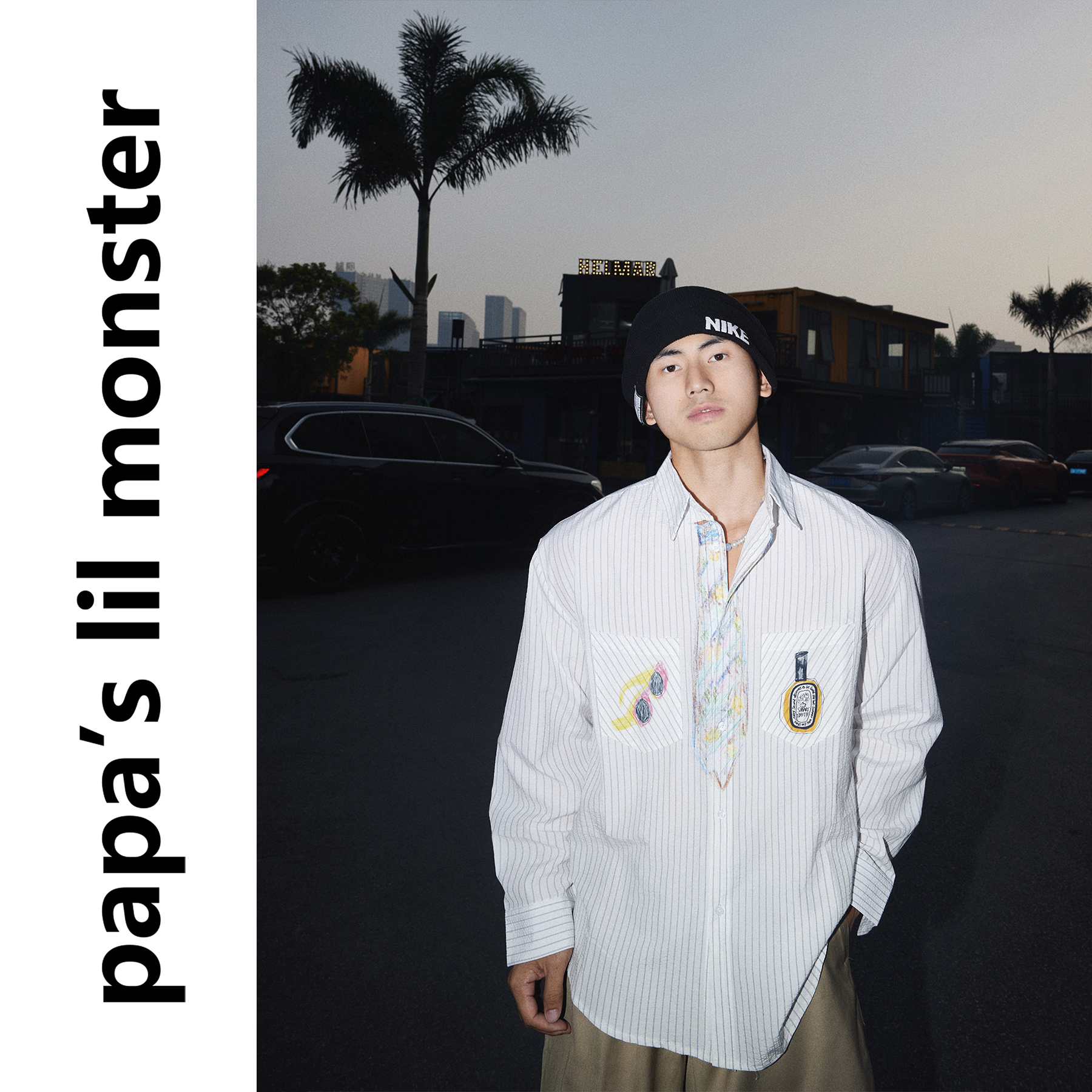 PAPASLILMONSTER美式设计感手绘领带衬衣学院风竖条纹衬衫男