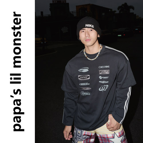 PAPASLILMONSTER 美式运动潮感 假两件拼接侧条纹宽松长袖T恤男秋