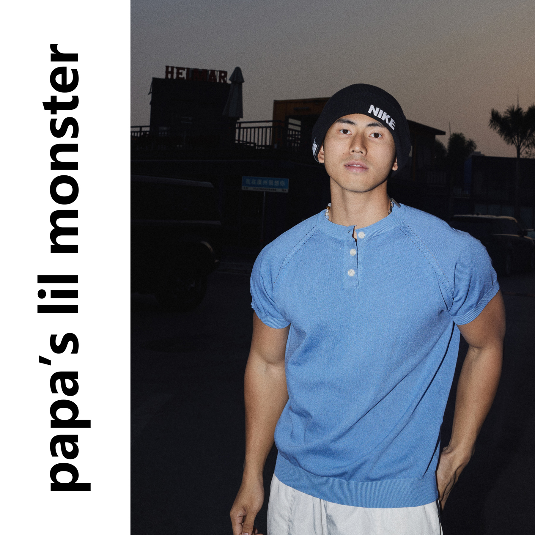 PAPASLILMONSTER美式复古亨利领短袖男修身潮流街头高级感潮