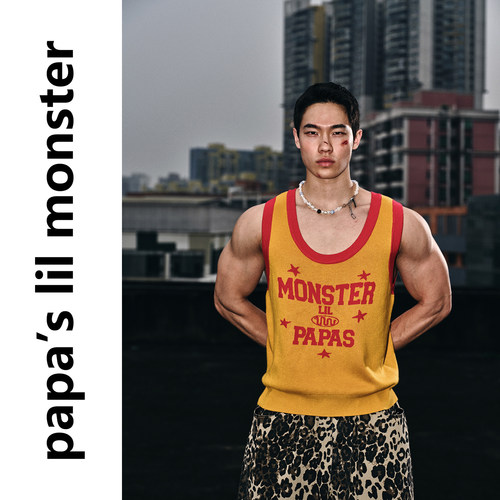 PAPASLILMONSTER 【原创】美式复古风撞色U领字母针织坎肩背心男