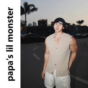 T恤 设计无袖 PAPASLILMONSTER美式 复古休闲针织背心男纯色V领开衫