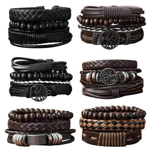Set Of 3 Black Handmade Woven Pu Leather Bracelet For Men Mu