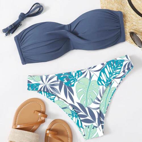Color blocked printed high waisted bikini 拼色印花高腰比基尼