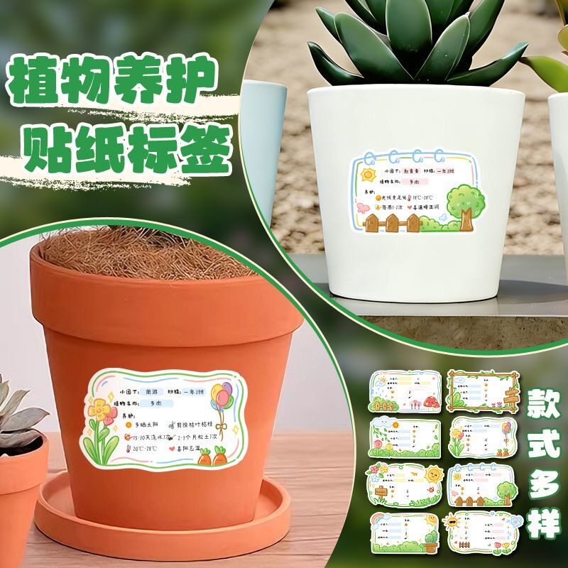 植物盆栽养护贴纸幼儿园植物花卉认领养护标识创意小学生班级自然角装饰绿植领养计划手写自粘不干胶贴画