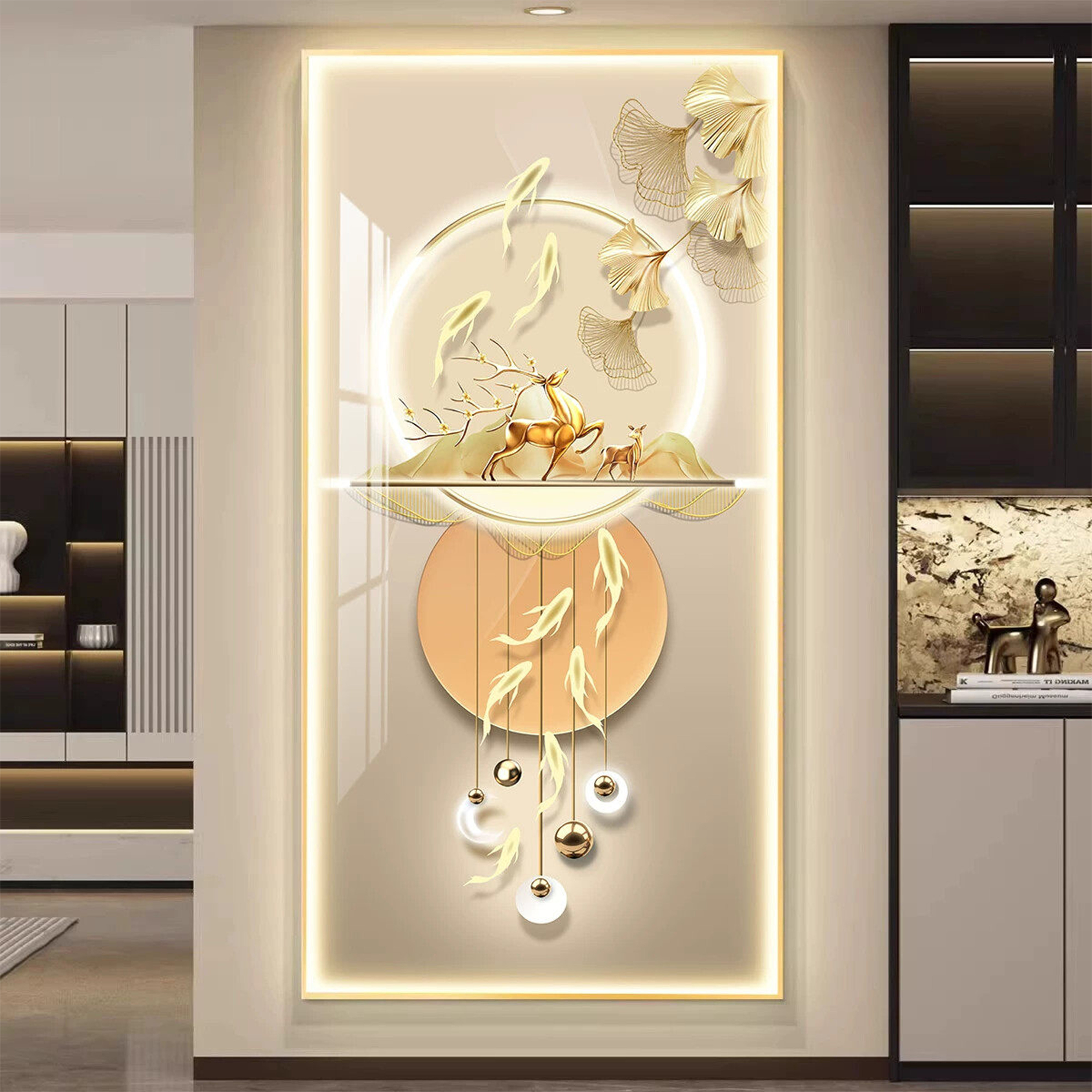 轻奢风玄关装饰画福鹿竖版壁画壁画灯现代入户门客厅走廊过道挂画
