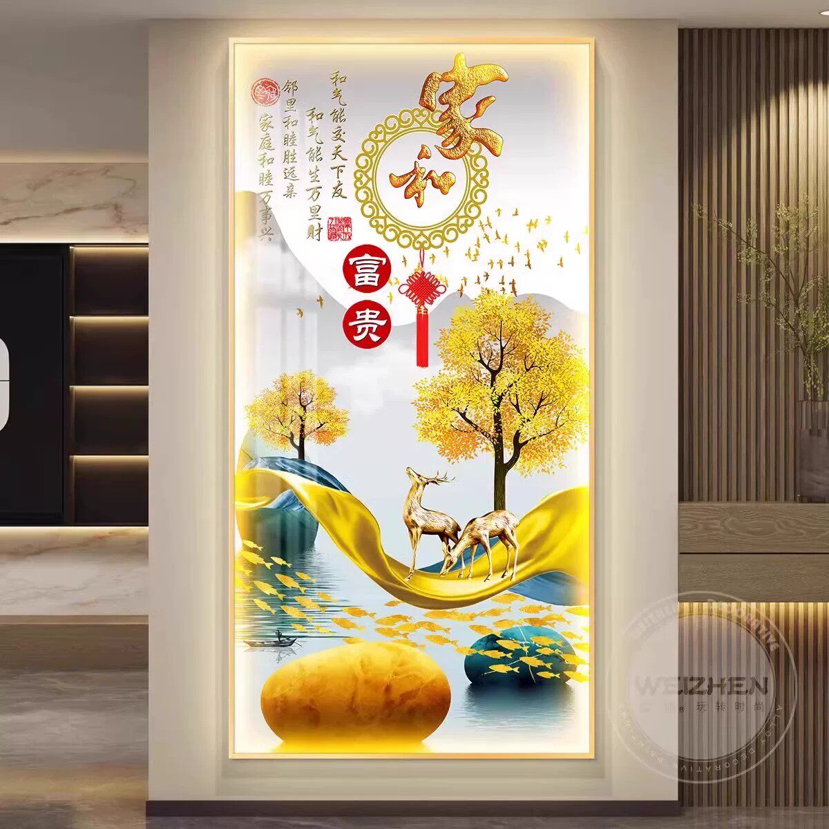 LED带灯发光画入户正对面墙走廊过道壁画现代玄关装饰画竖版挂画