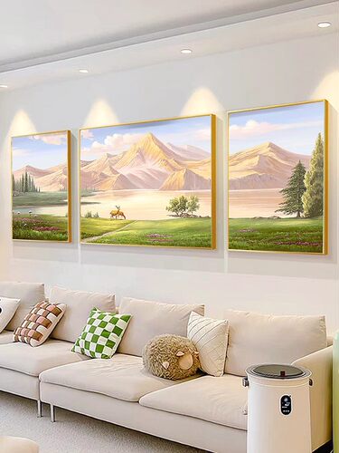 客厅沙发背景装饰画新中国风背挂画现代简约大气山水三联壁画