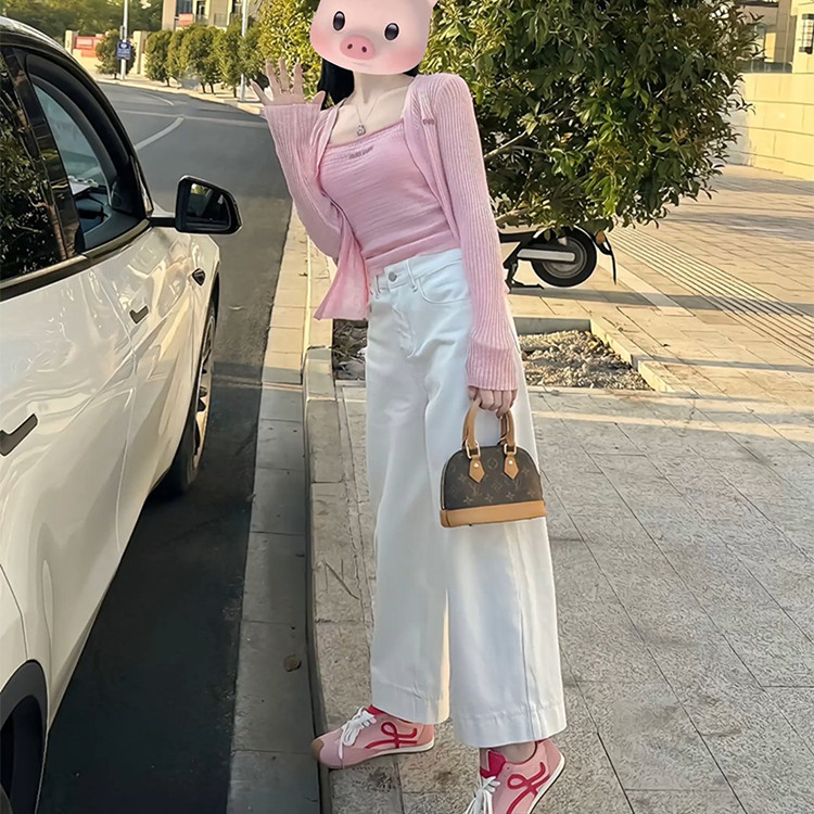 温柔风韩系时尚粉背心吊带针织开衫女通勤百搭休闲牛仔裤三件套春