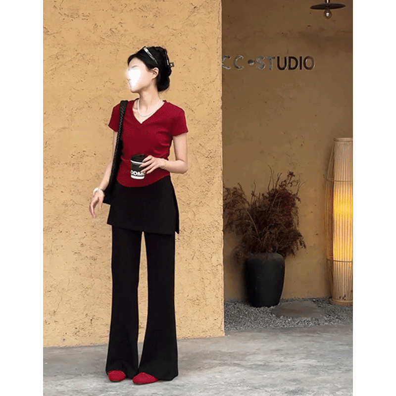 2025夏季穿搭一整套女装小众设计感超好看红色正肩T恤阔腿裤套装