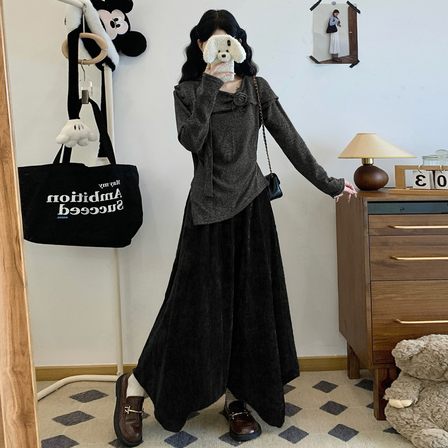 大码套装女2025新款冬装不规则上衣内搭韩版简约长袖上衣两件套