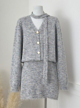 毛衣女款2025新款冬季套装气质小个子显瘦灰色V领脖子系带两件套