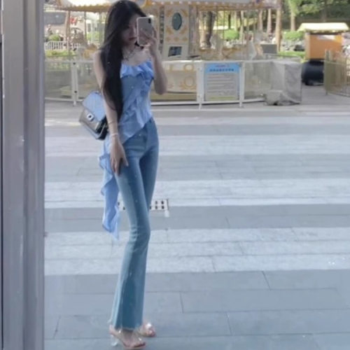 设计感小众荷叶边不规则短款吊带连衣裙喇叭牛仔裤显腿长裤子2025