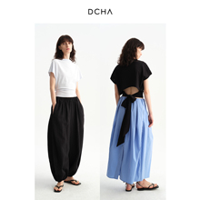 DCHA 设计感亚麻一字领腰后背交叉绑带针织短袖T恤