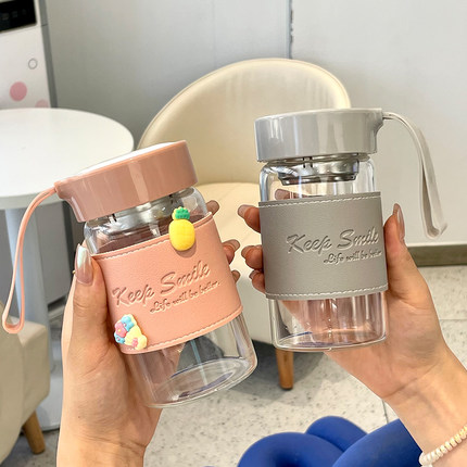 喝水杯女学生高颜值耐高温带盖玻璃杯便携简约随手杯可爱泡茶杯子