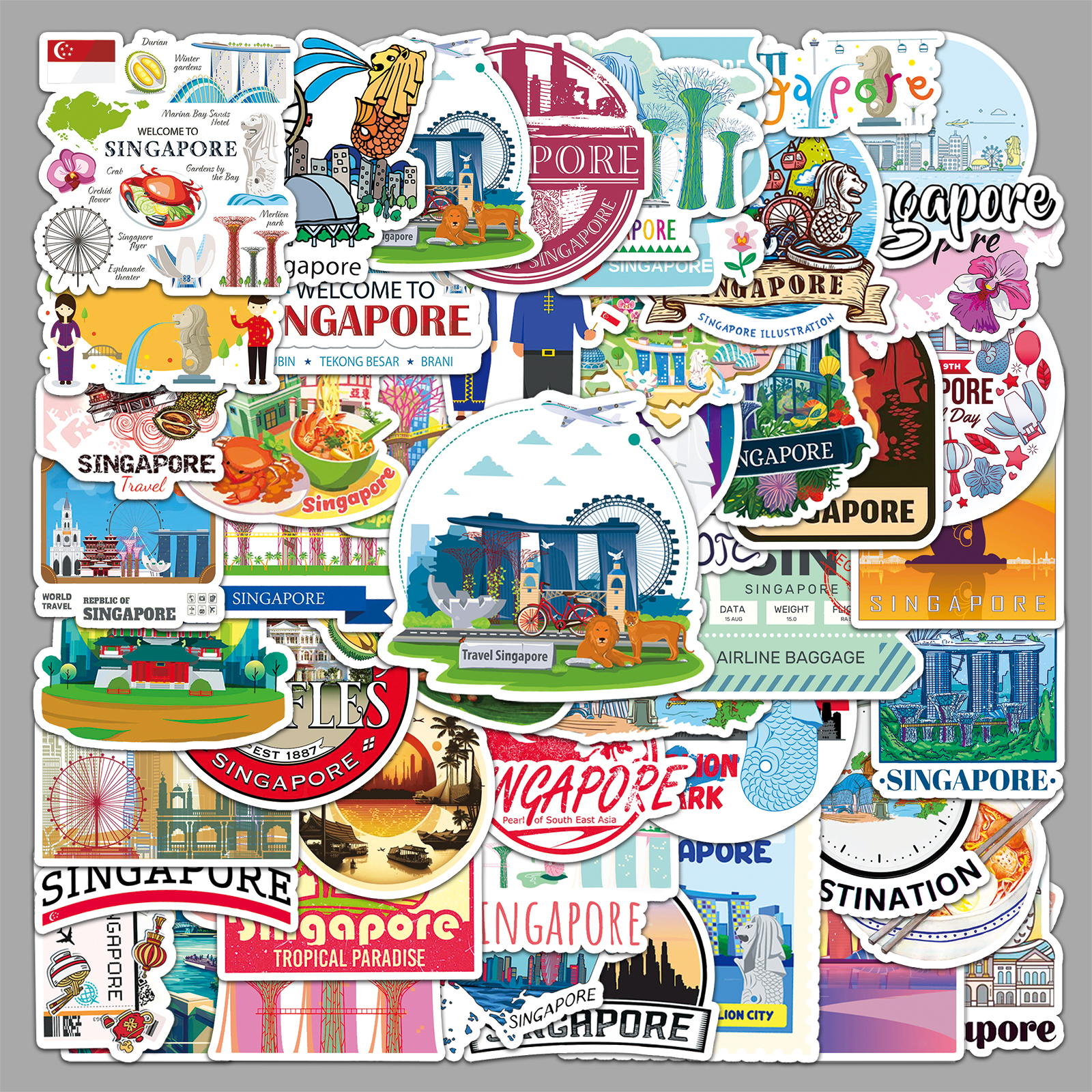 100张新加坡贴纸美丽风景创意卡通图案装饰冰箱手账水杯防水贴画