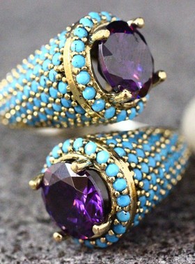 Vintage Gold Color Turquoises Beaded Opening Ring For Women