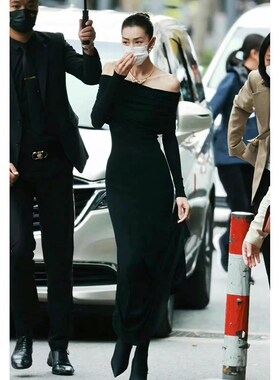 instunning 一字肩连衣裙女秋冬高级感性感气质晚会礼服黑色长裙