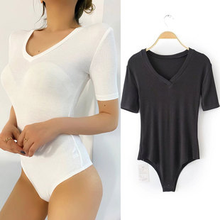 V领T恤性感百搭显瘦打底上衣 连体衣女欧美风弹力修身 春夏新款 短袖