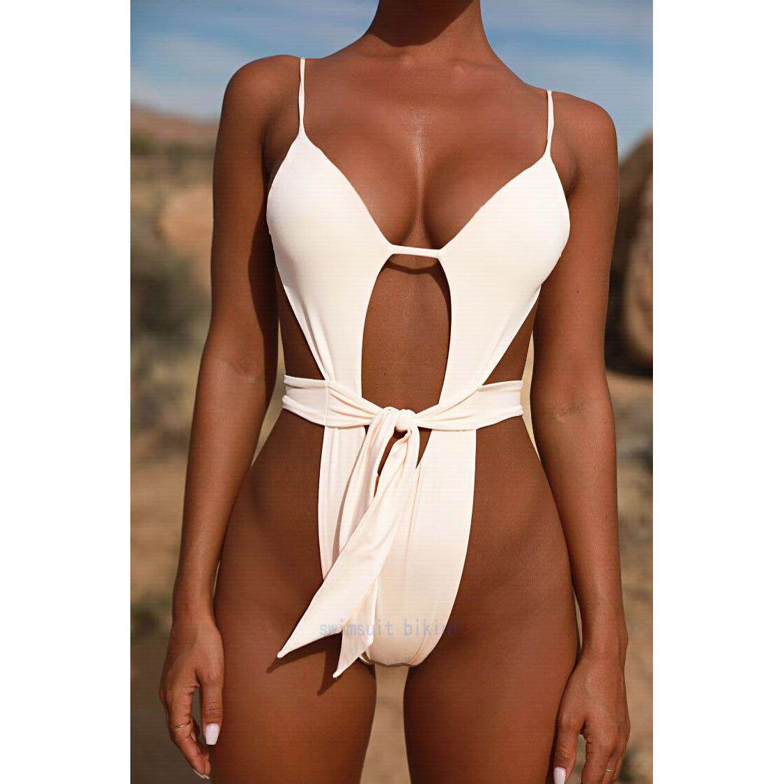 Sexy one-piece backless strap solid color bikini性感连体泳衣