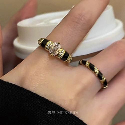 奶泥MILKMUD/黑白滴油珐琅女戒中古风宫廷风锆石小众手工开口戒指
