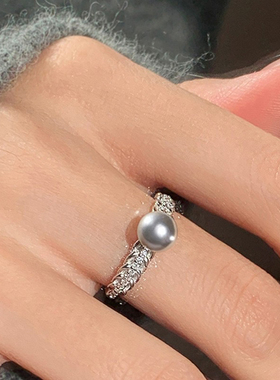 奶泥MILKMUD/超有质感的灰珍珠戒指～麦穗满钻可调节食指戒春轻奢