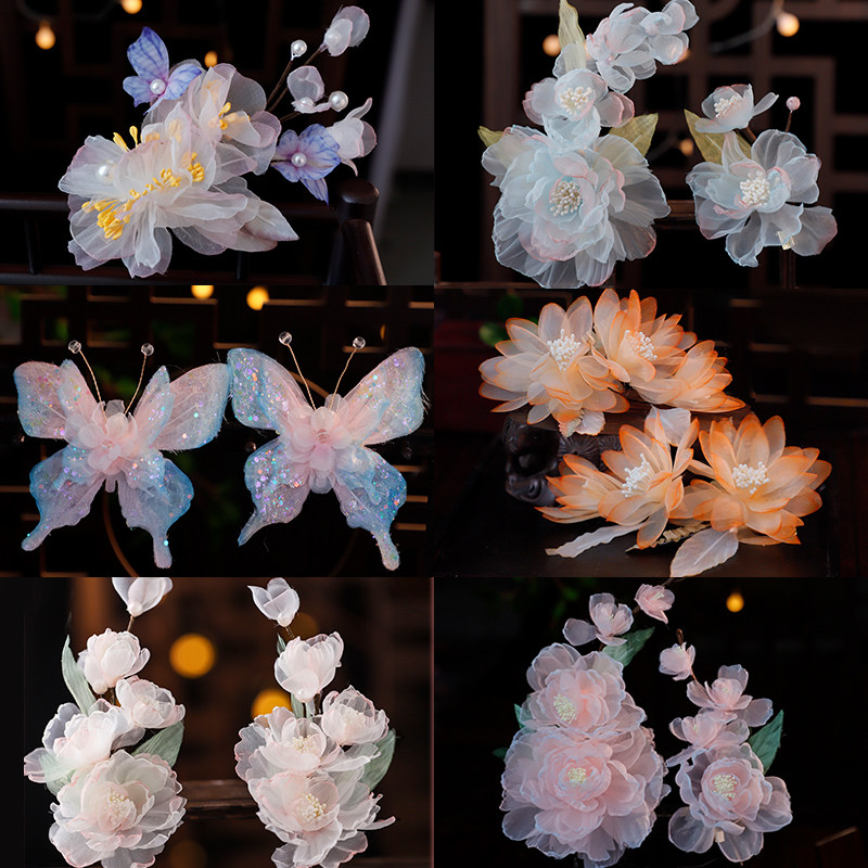 绢纱烫花发夹牡丹渐变头饰