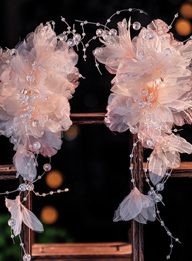 古风绢纱薄纱花朵烫花枝对夹仙气发夹复古唯美汉服发饰古装头饰