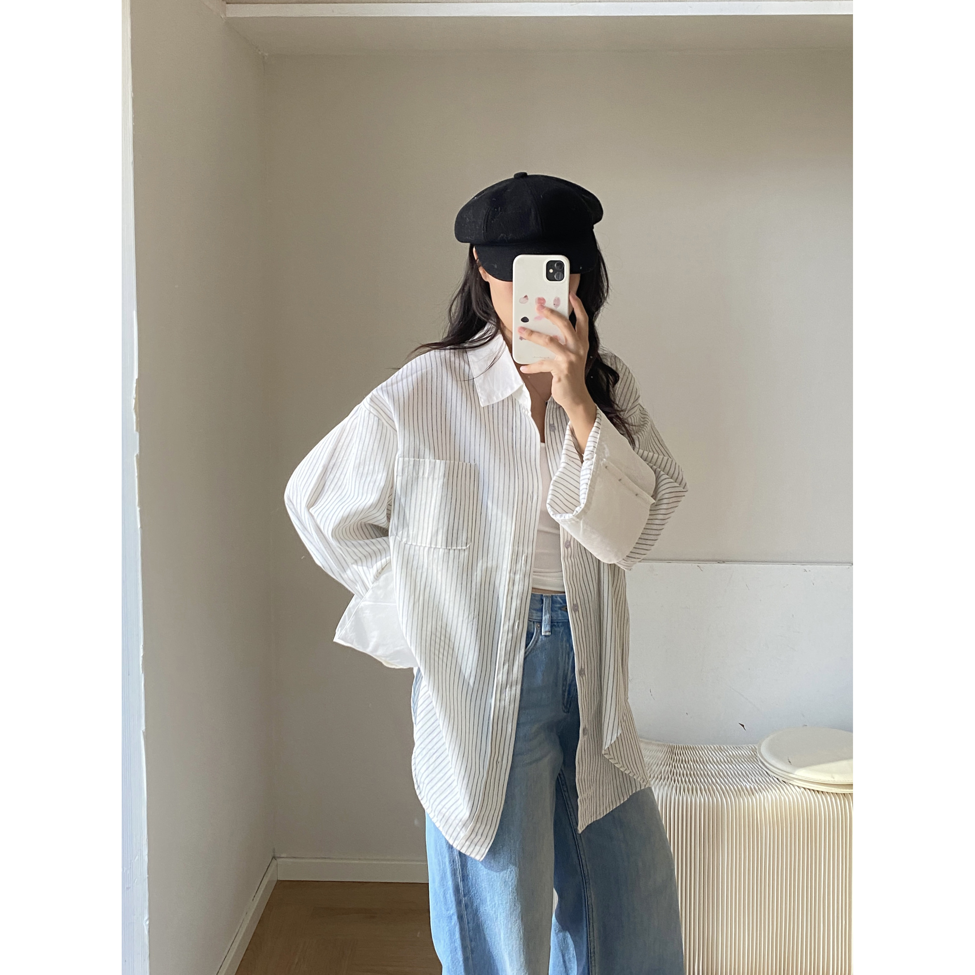 衣七家 腔调理念 复古麻棉白竖条纹大袖子衬衫女拼接衬衣长袖上衣