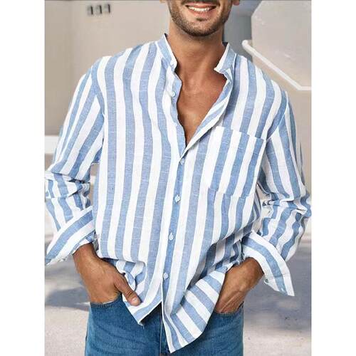 Men's versatile thin stripe lapel shirt 男百搭薄条纹翻领