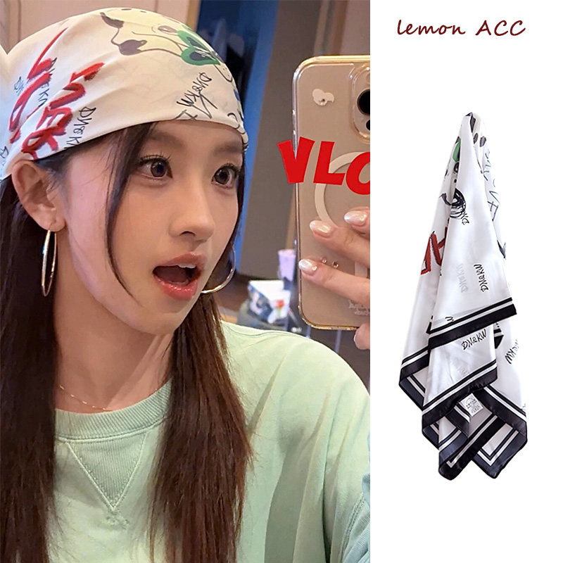 神仙藤井树同款小狗涂鸦包头巾女美式y2k千禧辣妹潮流丝巾大方巾