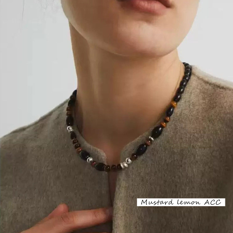 复古天然虎眼石黑玛瑙串珠项链女小众设计民族风叠戴锁骨颈链配饰