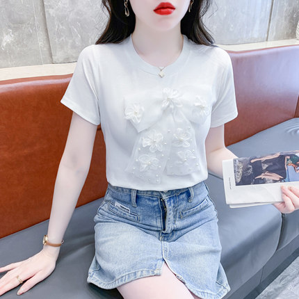 白色立体花朵圆领短袖t恤女夏装2024年夏季新款正肩独特别致上衣