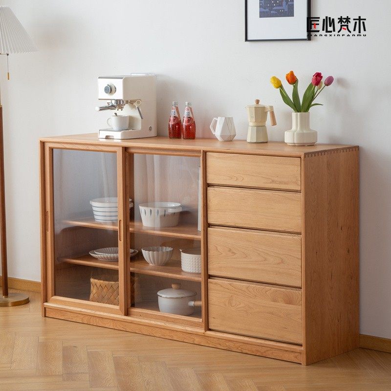 速发实木柜璃储物柜收纳柜茶水玻日式简约客厅餐边柜碗柜木蜡油,住宅家具,餐边柜,淘宝优惠券,粉丝福利购,淘宝优惠卷