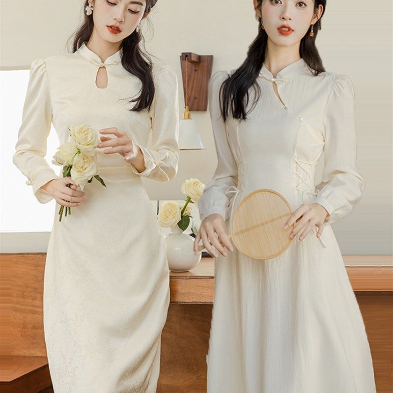 速发长袖旗袍连衣服子新中式伴娘冬平时可穿订婚礼服日常秋裙季