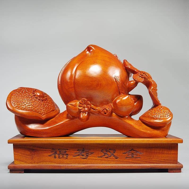 速发花梨木雕福寿双全摆件品木头实刻寿桃如意红木家居饰雕贺寿工