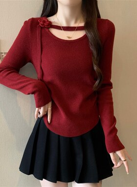 速发大码法式红色花朵针织打底则长袖t恤秋202不新款4规衫别致上