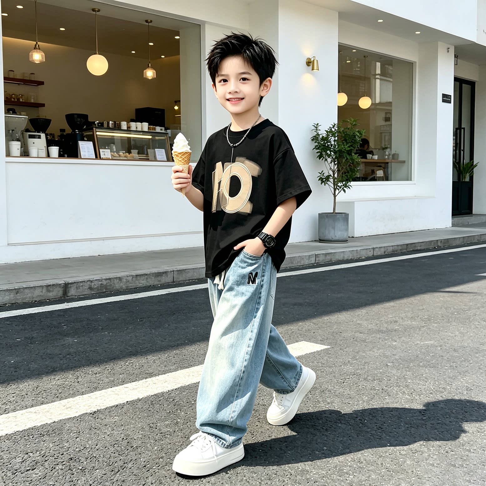 男童夏季休闲短袖套装2026新款帅气宽松中大童两件套牛仔长裤薄款