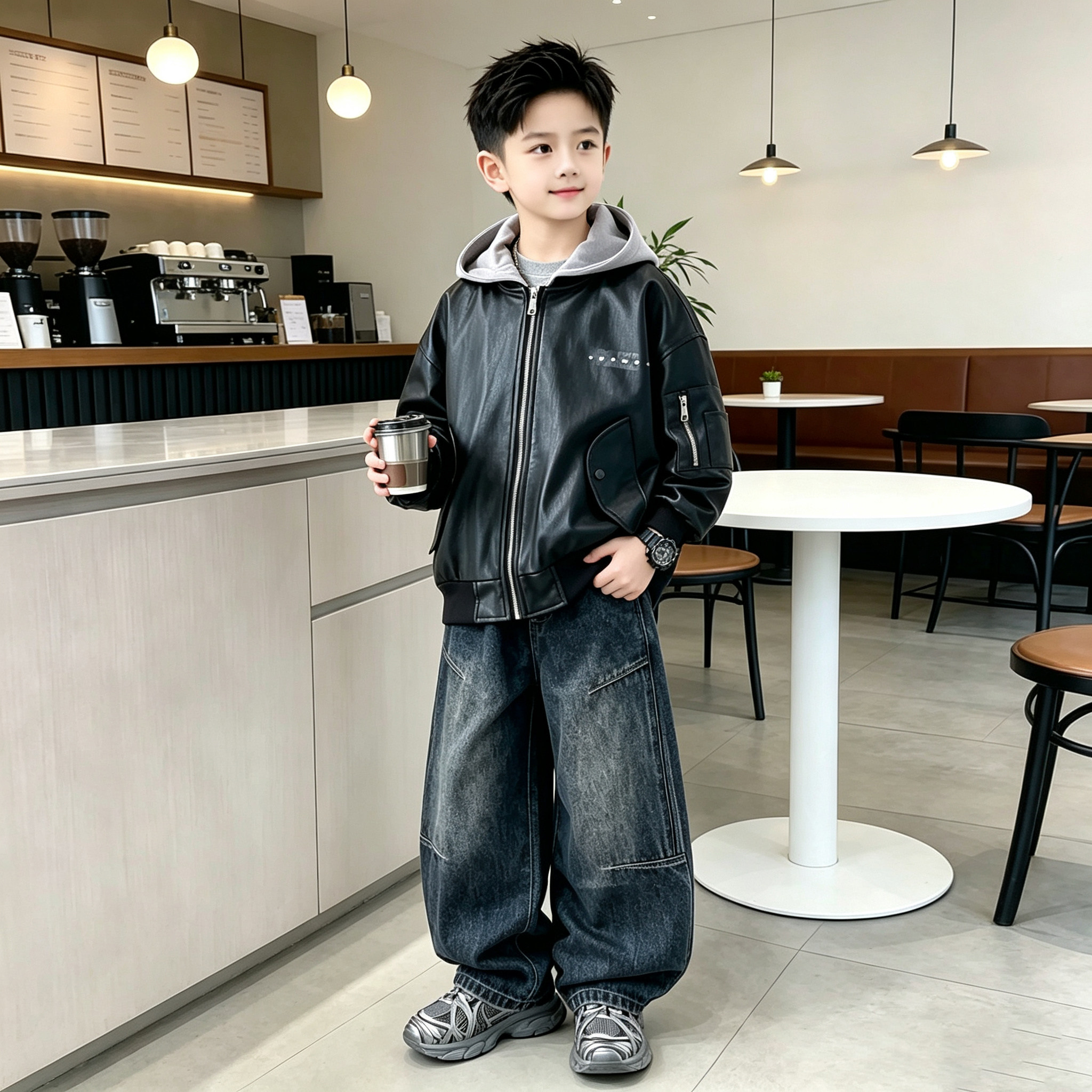 男童皮衣夹克外套裤子套装帅气大男孩连帽拉链上衣牛仔裤两件套潮图片